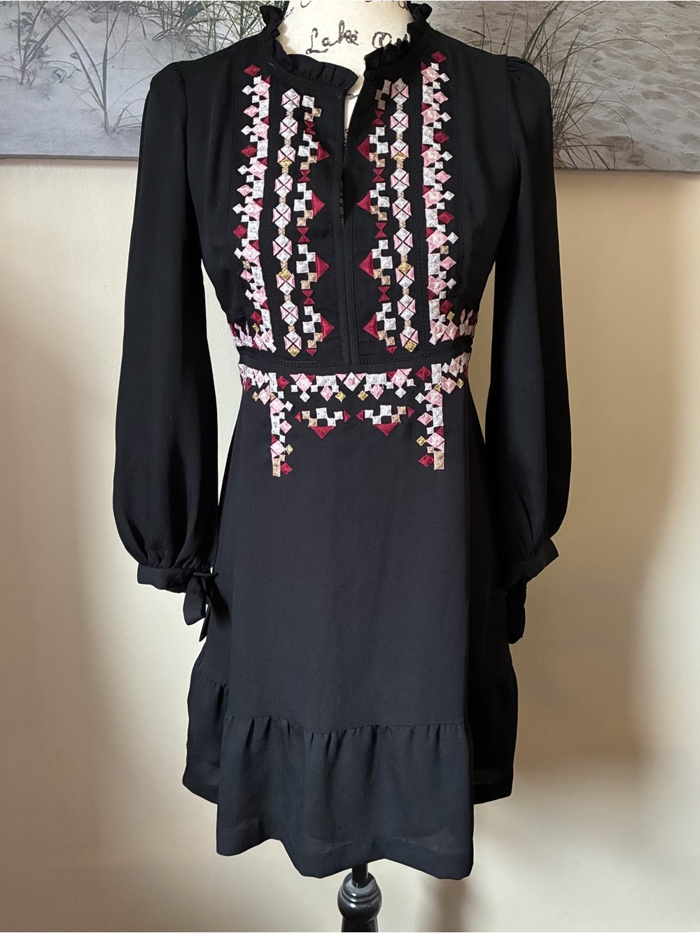 Ann Taylor black embroidered long sleeve ruffle hem flare dress, size 4 petite
